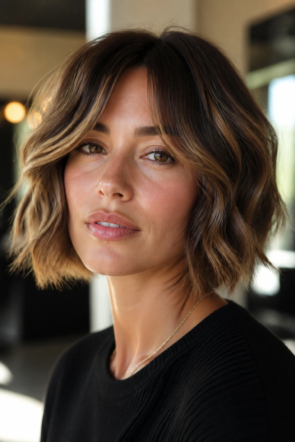 Close-up of a real woman with a chin-length wavy bob and curtain fringe