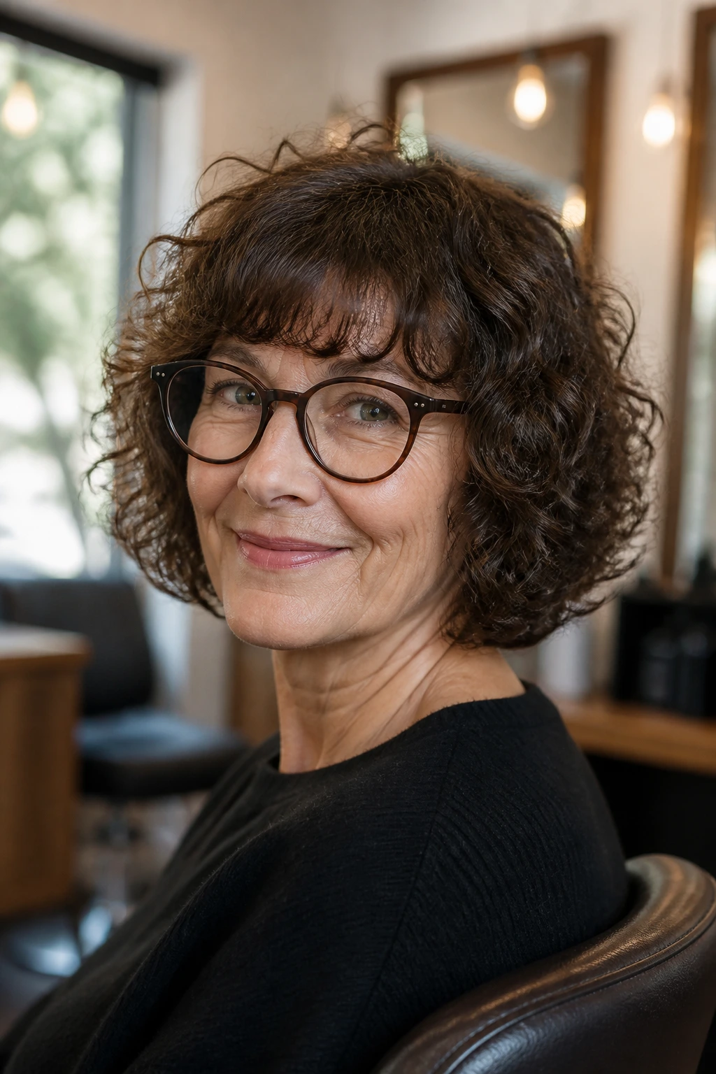 Close-up of a real woman with chin-length curly bob and brow-skimming fringe.