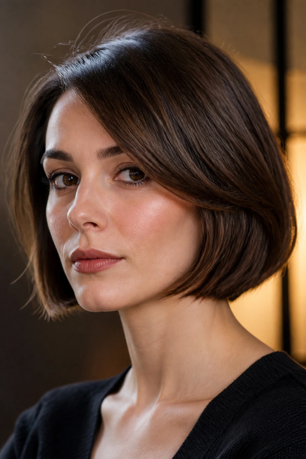 Close-up of a real woman with a chin-length French bob