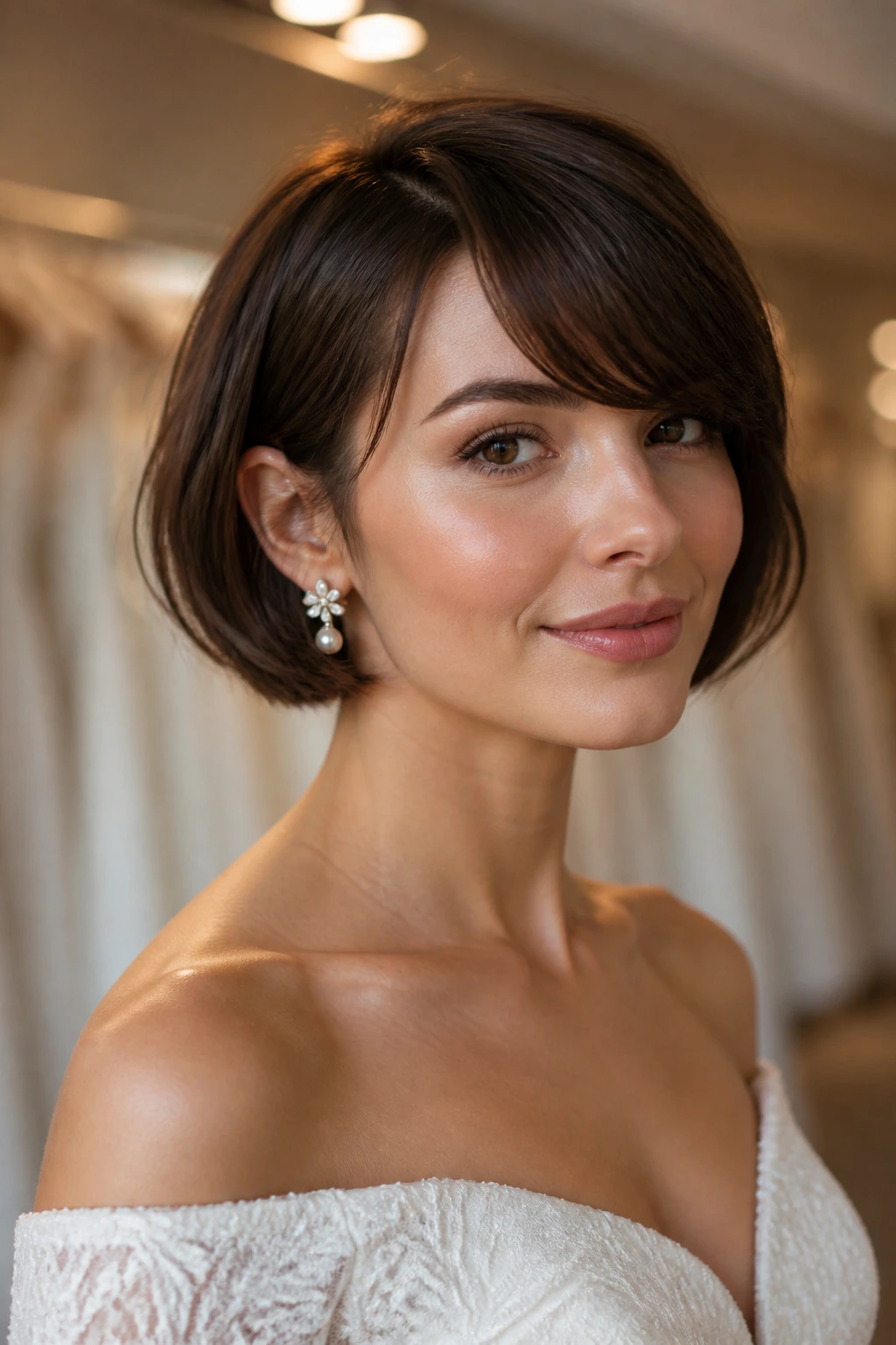 Bridal chin-length crop with side-swept fringe, close-up portrait