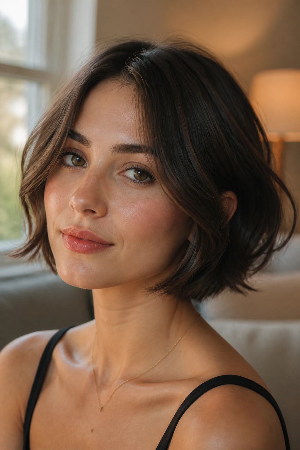 Close-up of a woman with a chin-length bob flattering a heart-shaped face in natural light