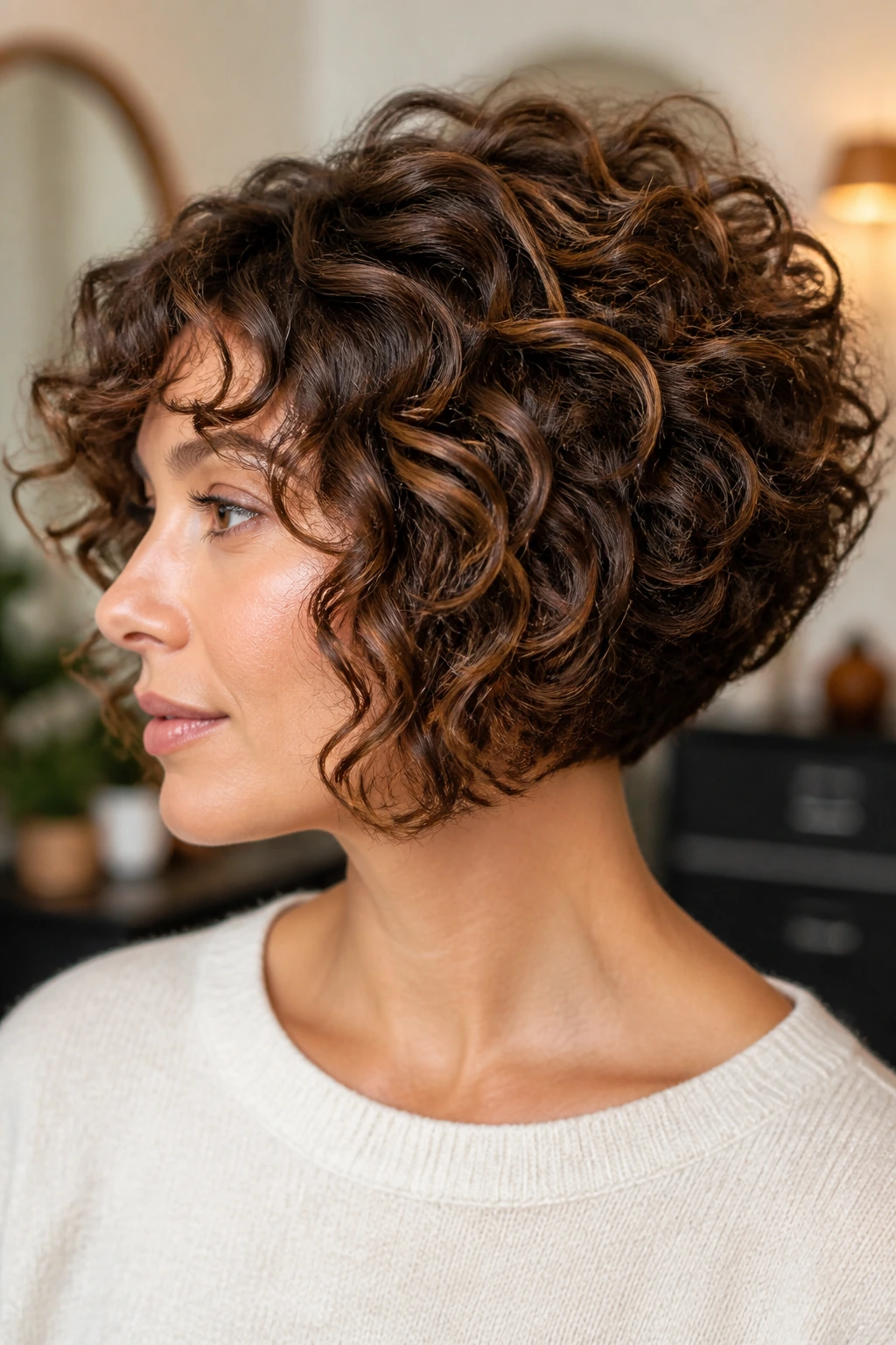 Woman with chin-length curly bob showing high back stack