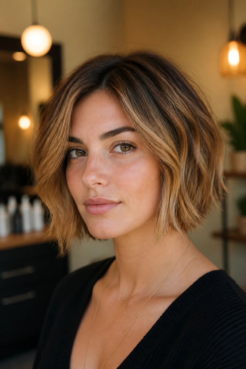 Close-up portrait of a real woman with chin-length choppy bob honey balayage in warm salon light