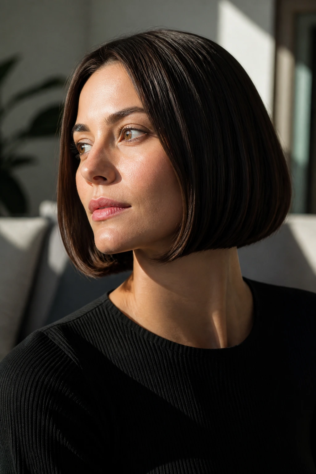 Close-up of a real person with chin-length classic bob and crisp jawline
