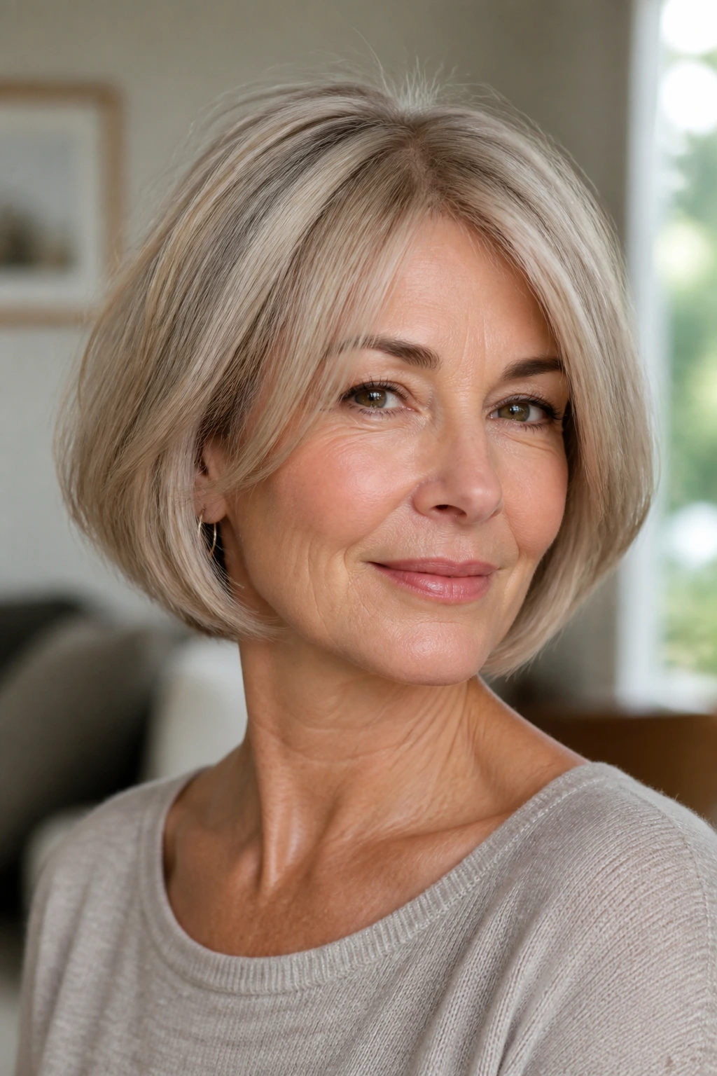 Close-up portrait of a real woman with a chin-length bob and airy internal layers