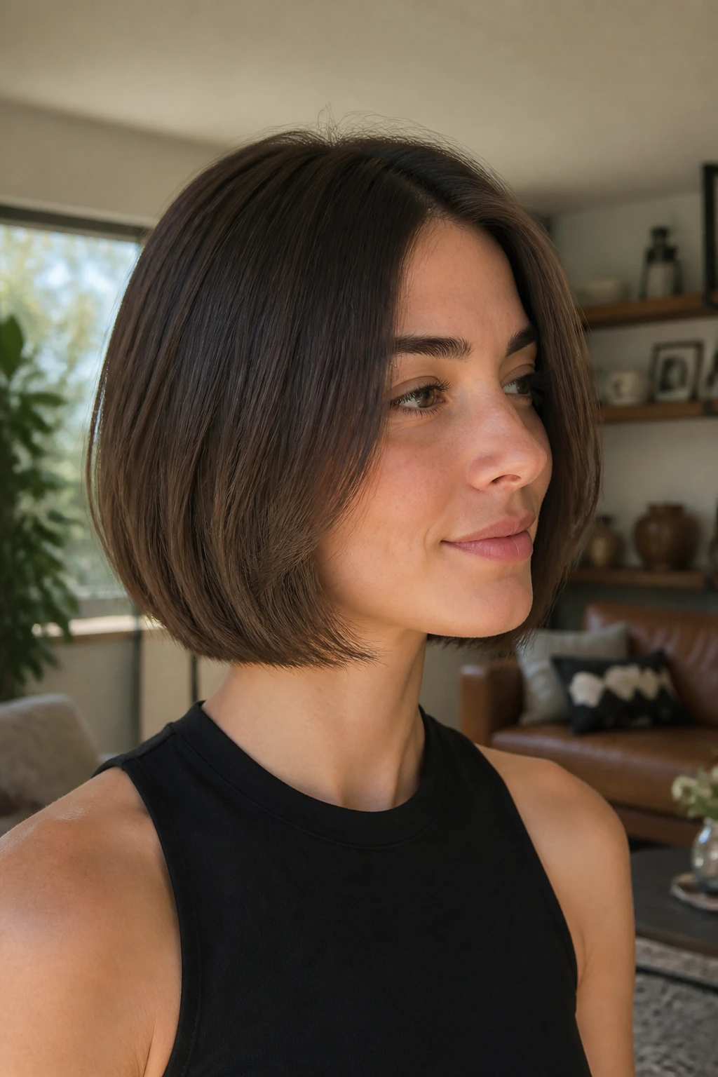 Close-up of a real woman with chin-length bob featuring blunt perimeter and soft internal layers
