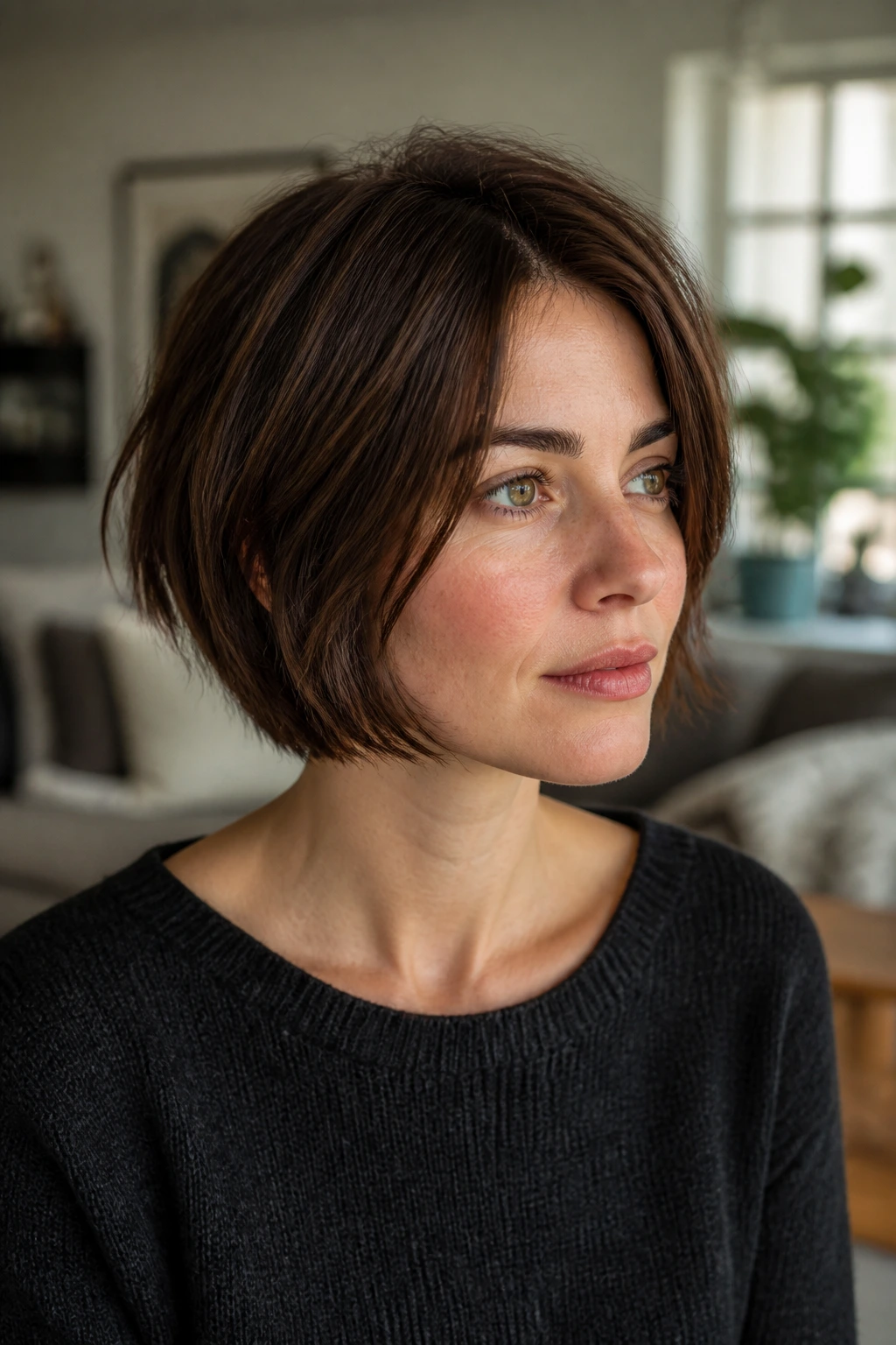 Portrait of a person with a chin-length bob highlighting face-framing length