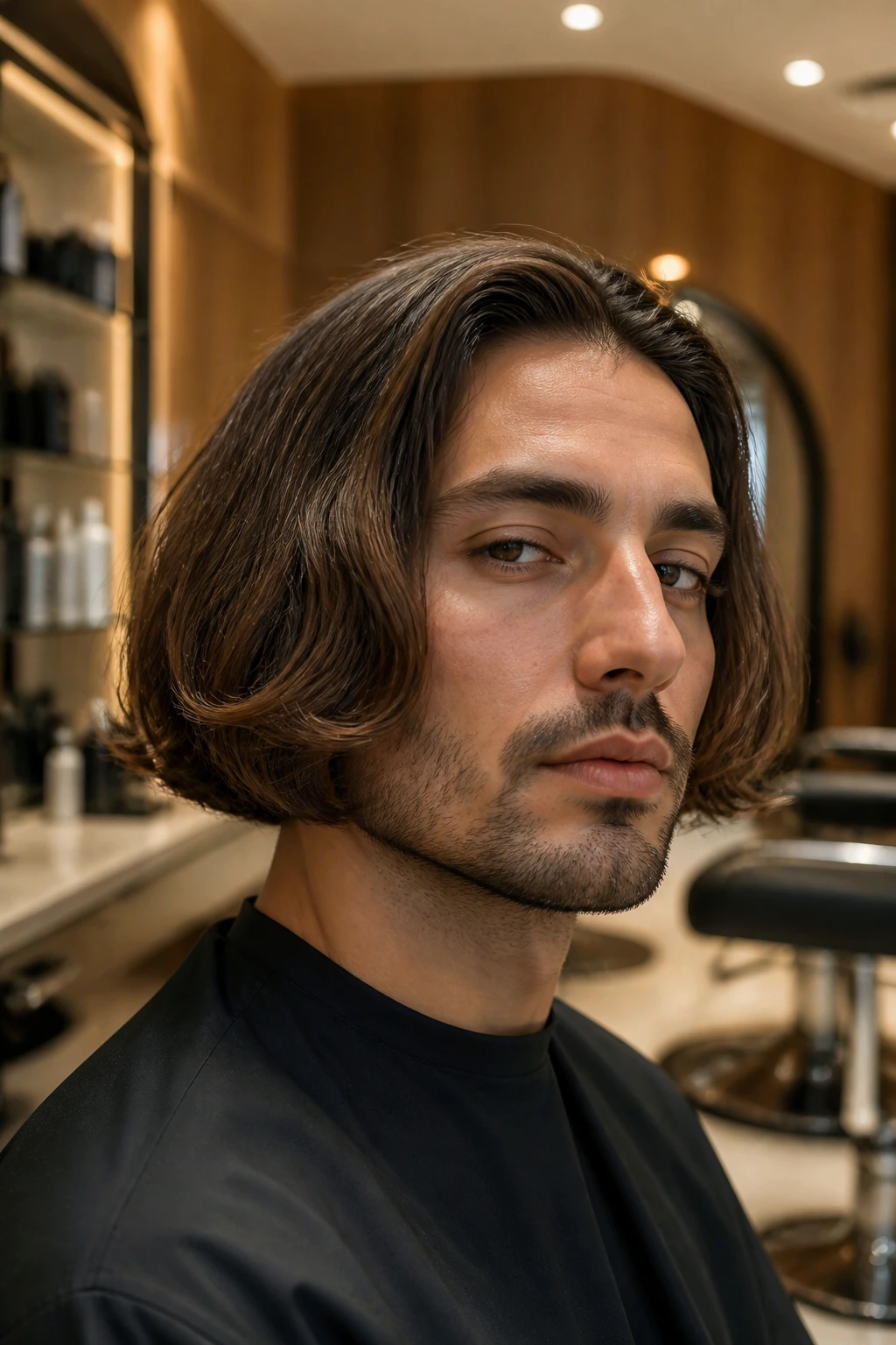 Man with chin-length bob in a warm salon setting