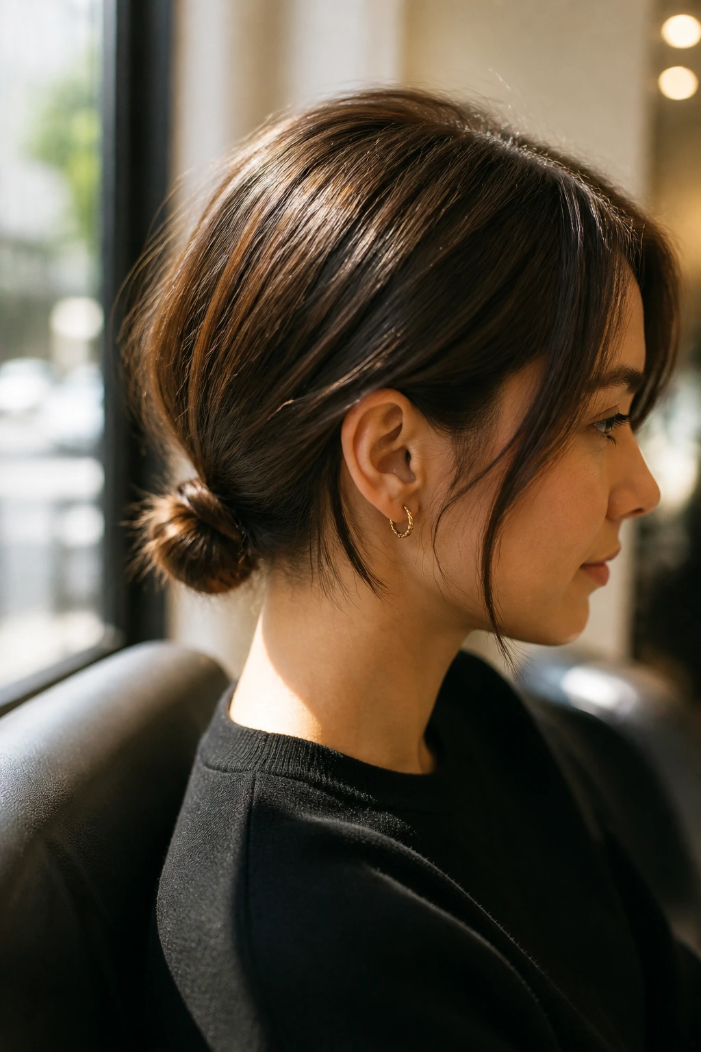 Portrait of a person with chin-length bob and microlow bun