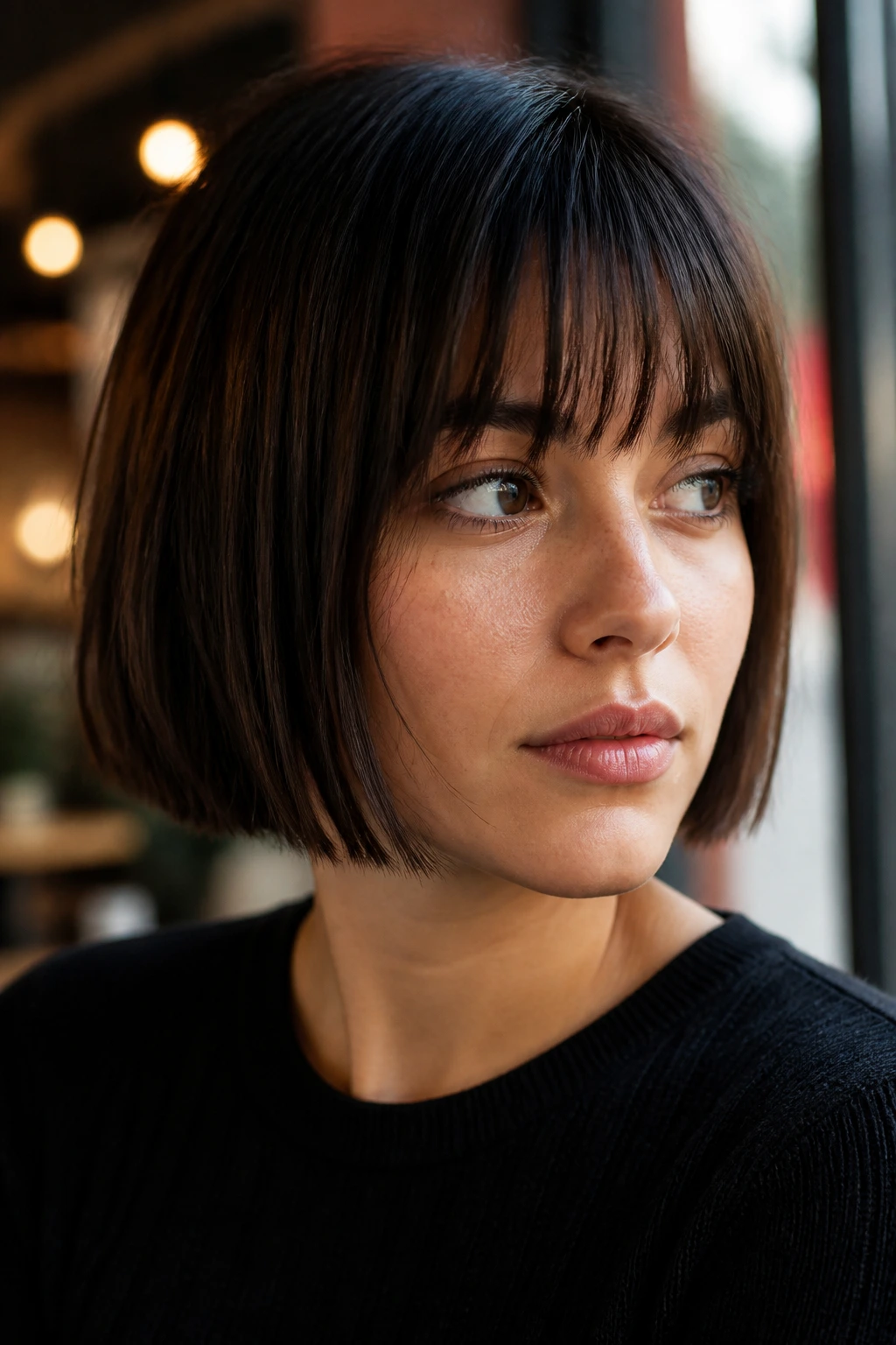 Portrait of woman with chin-length blunt bob and piecey fringe