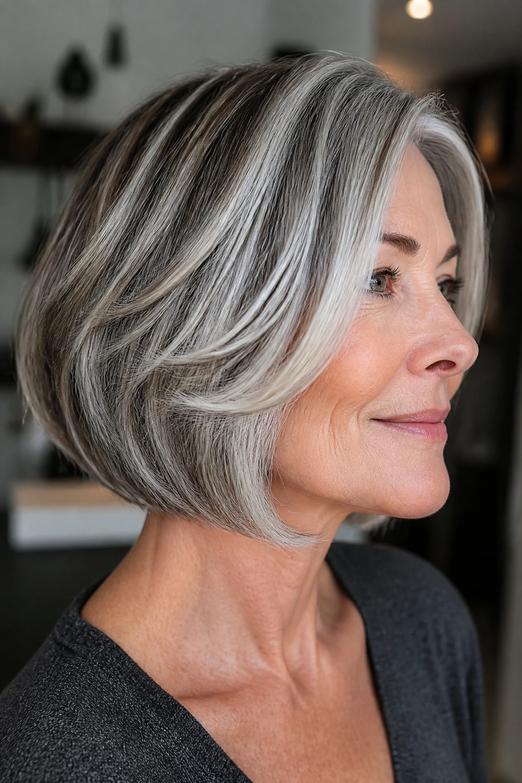 Close-up of a mature woman with chin-length bob and ribboned silver layers