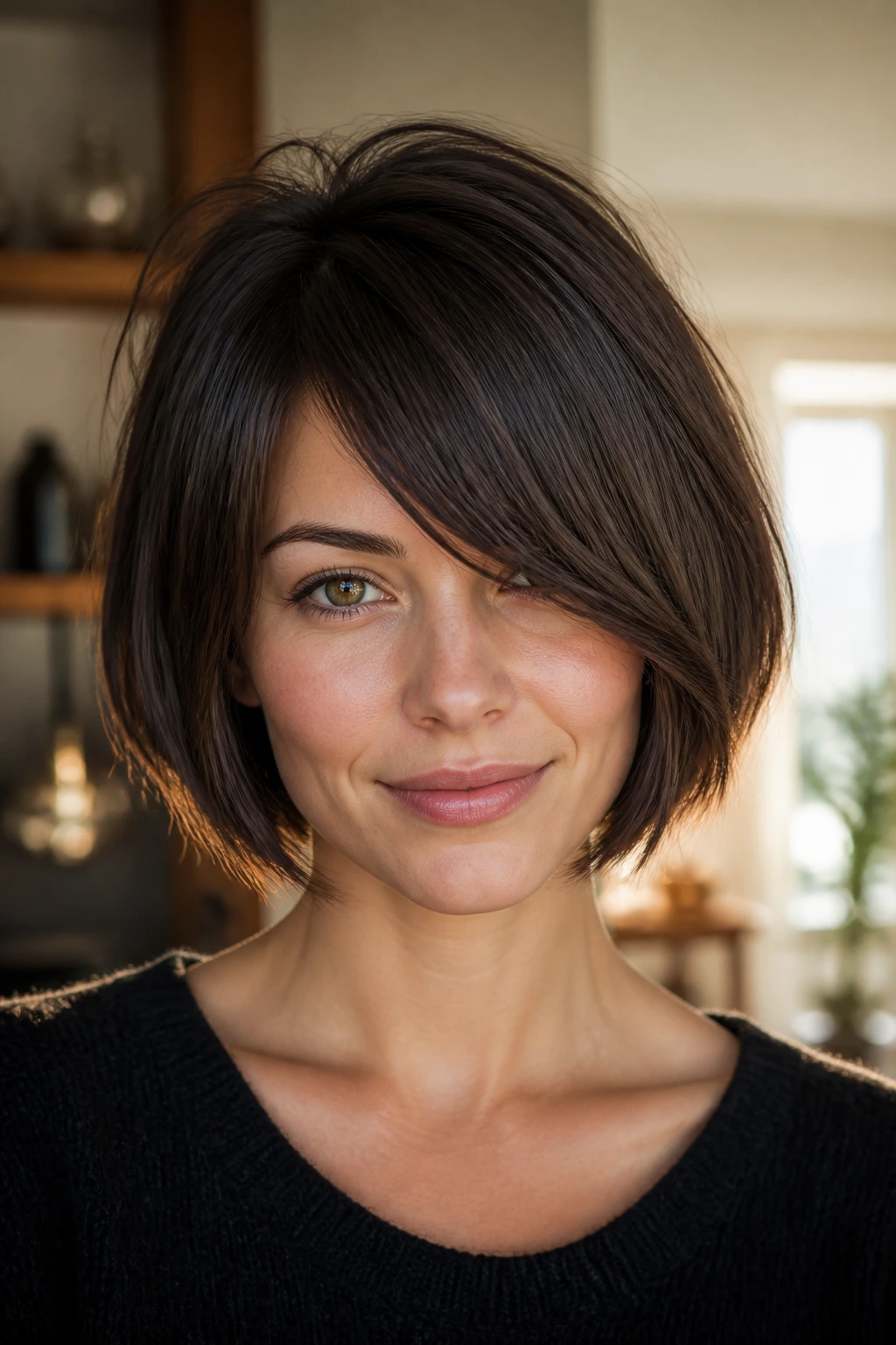Portrait of a real woman with chin-length bob and sweeping side bangs
