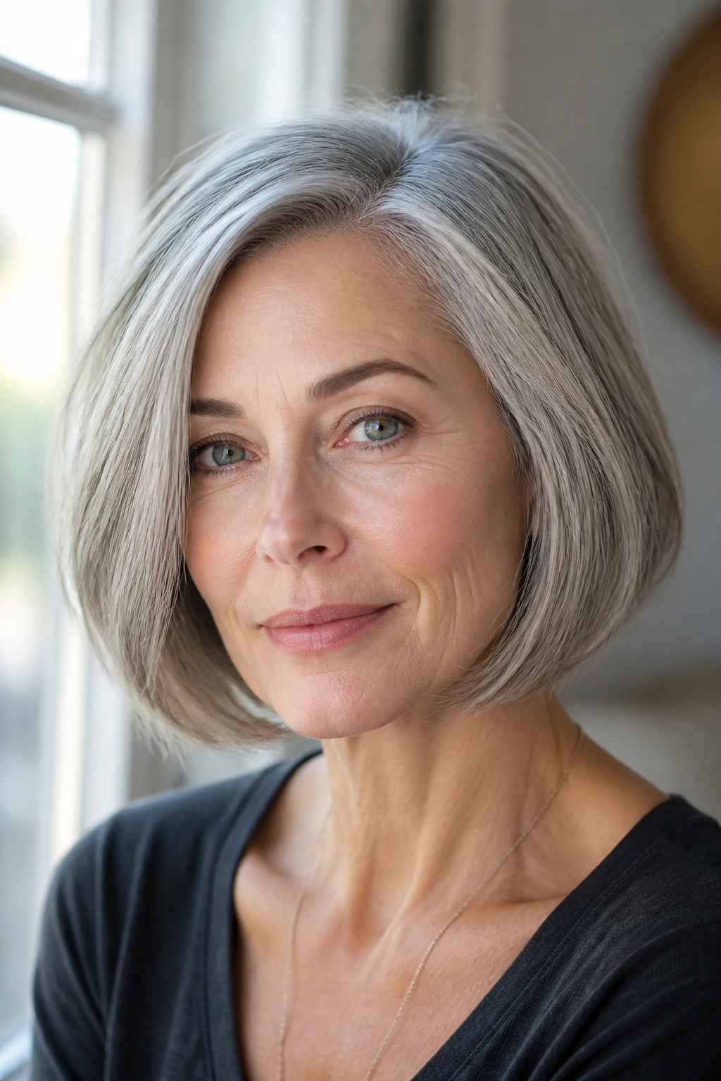 Real woman wearing chin-length bob with side part