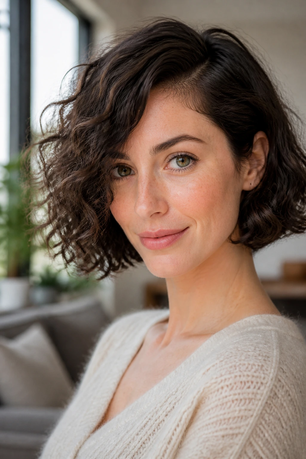 Close-up of a real woman with a chin-length bob and deep side part