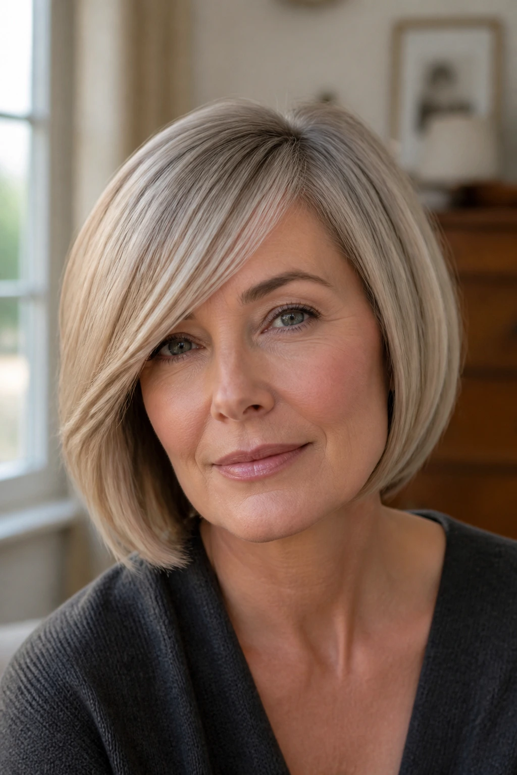 Portrait of a woman with chin-length bob and side-swept fringe