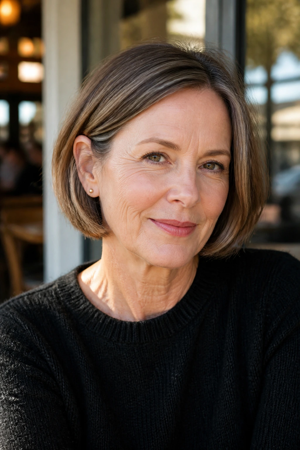 Real woman with chin-length French bob and soft ends, portrait.