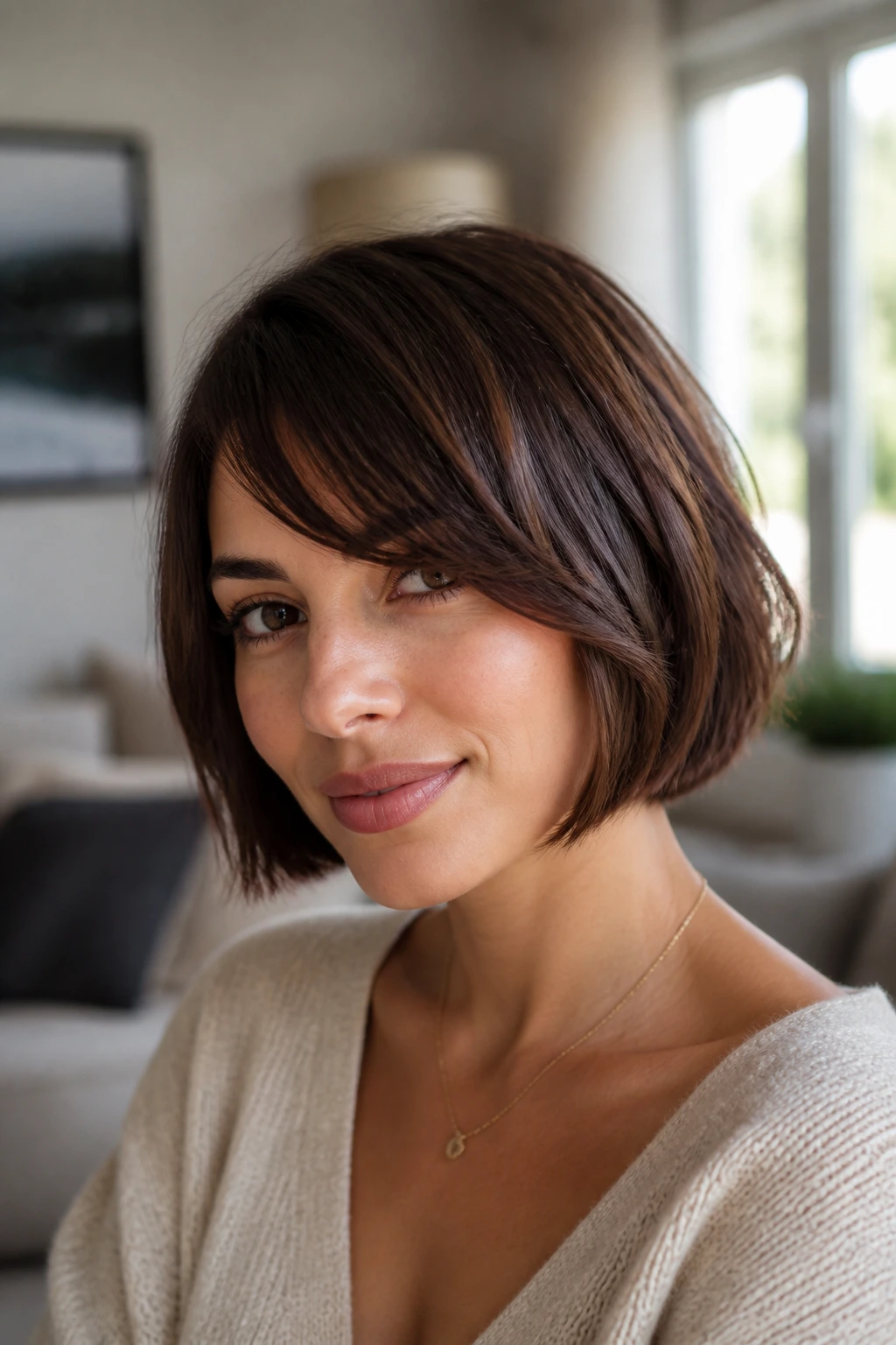 Portrait of a real woman in a chin-length bob with tapered side bangs