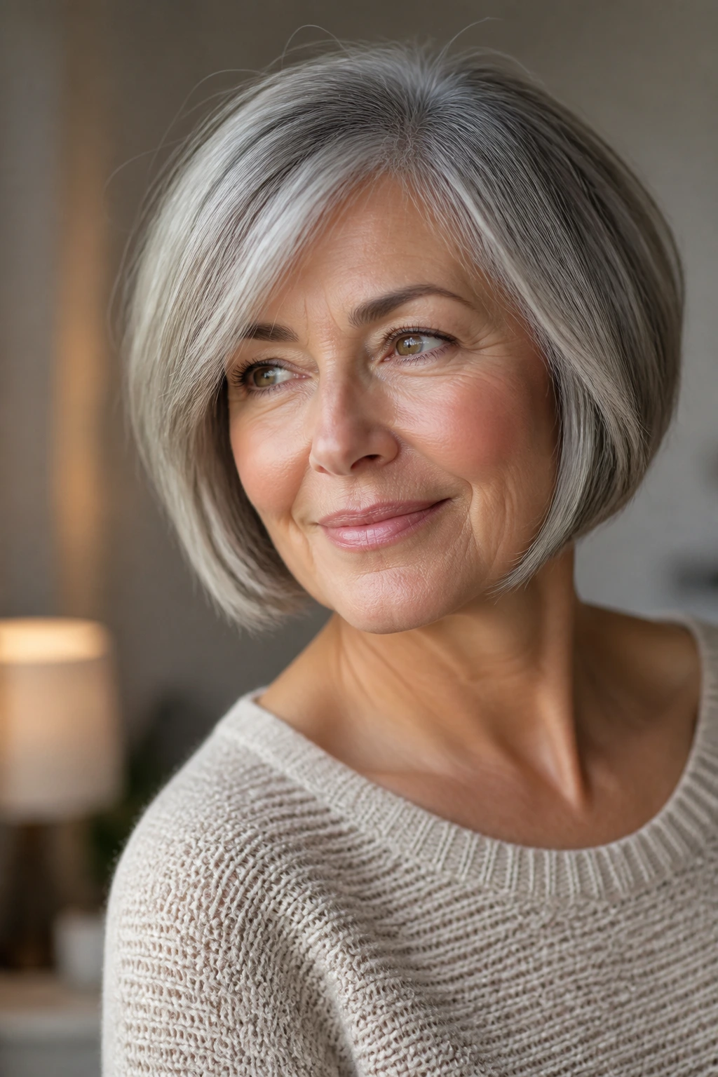 Portrait of a real woman with a practical chin-length bob in soft home light