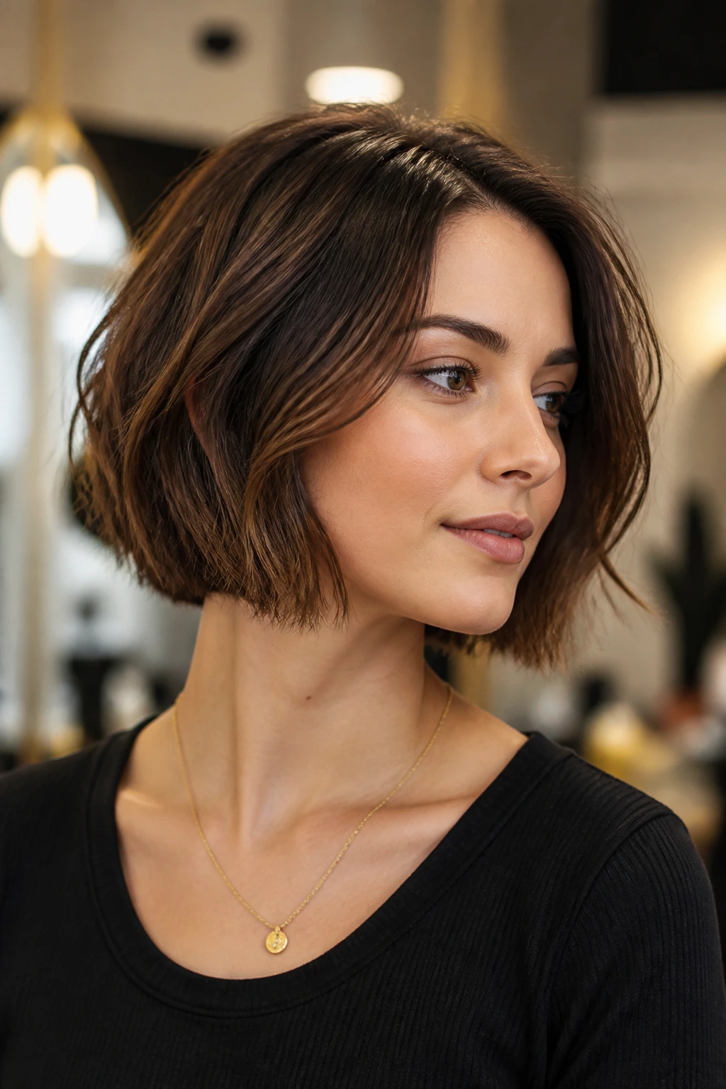 Close-up portrait of a woman with a textured chin-length bob and side part