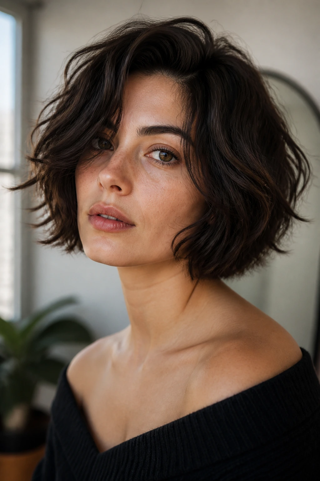 Close-up portrait of a woman with chin-length tousled bob on thick hair