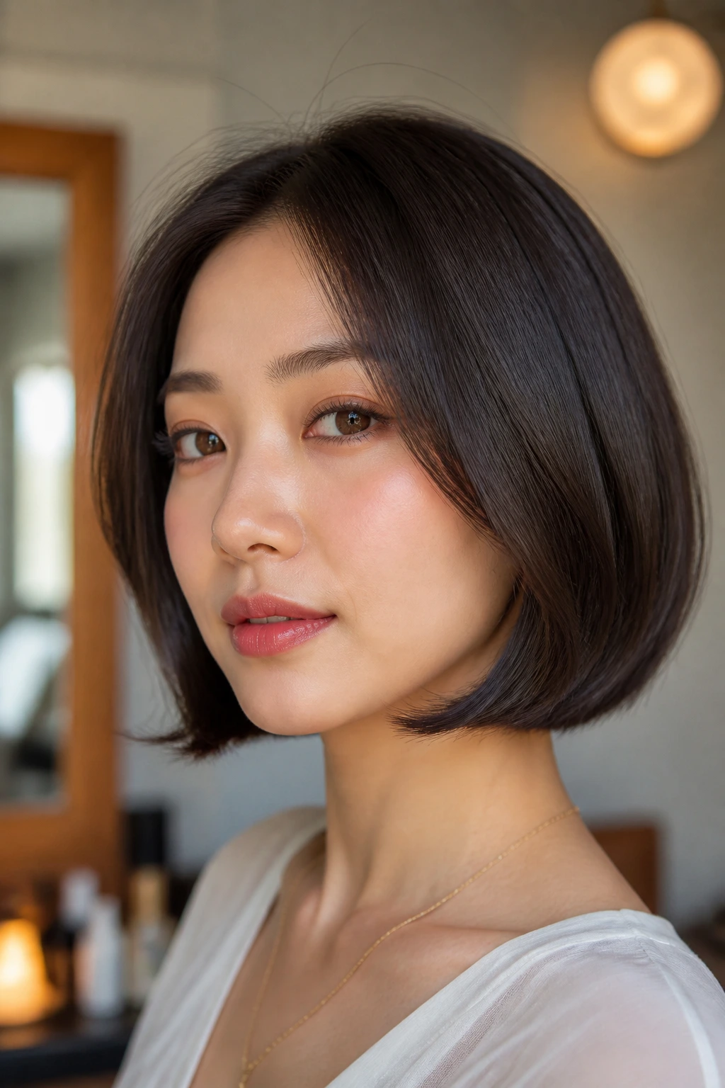 Real person with chin-length bob and tucked ends