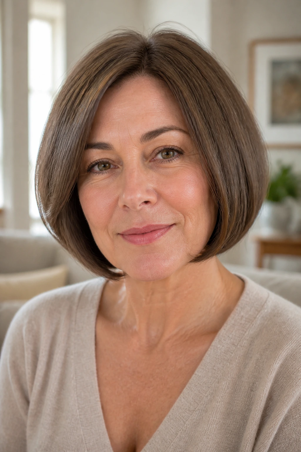 Close-up of a real woman with a chin-length bob and tucked-under ends in natural light
