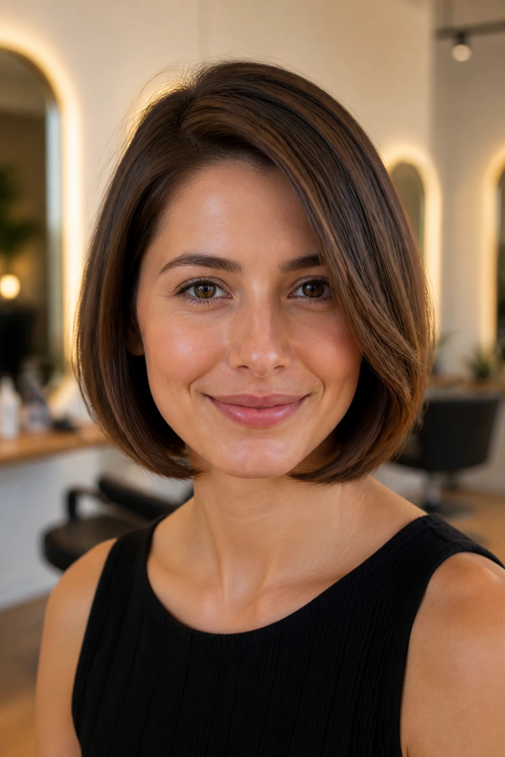Close-up of a woman with a chin-length bob with underturned ends.
