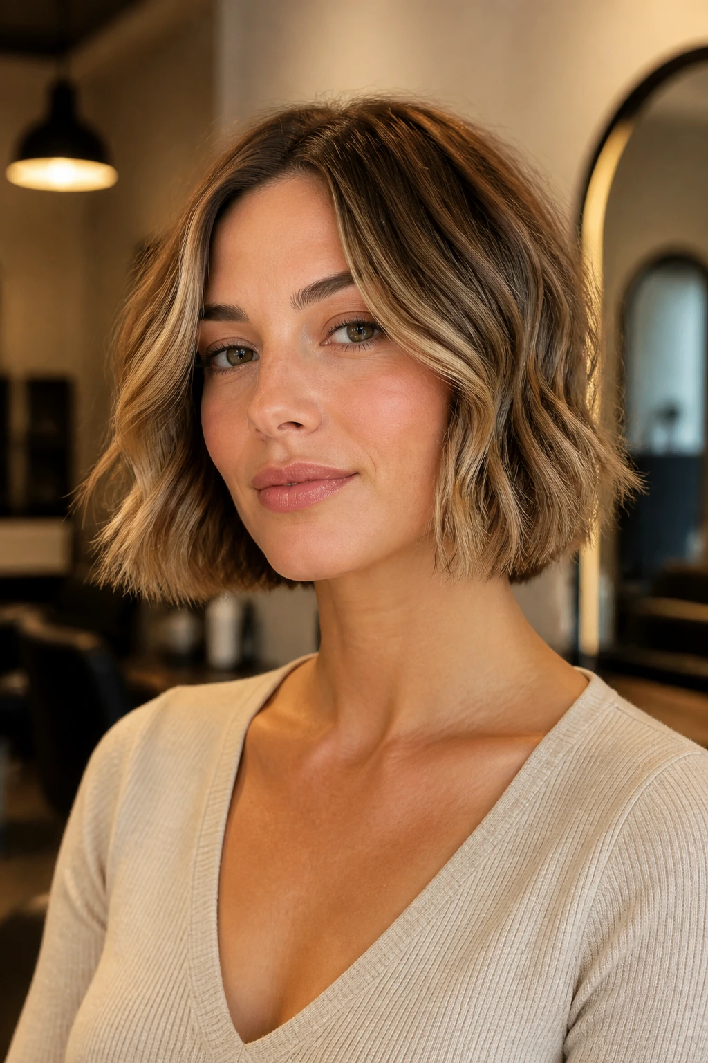 Close-up of real woman with chin-length bob and soft waves in salon setting