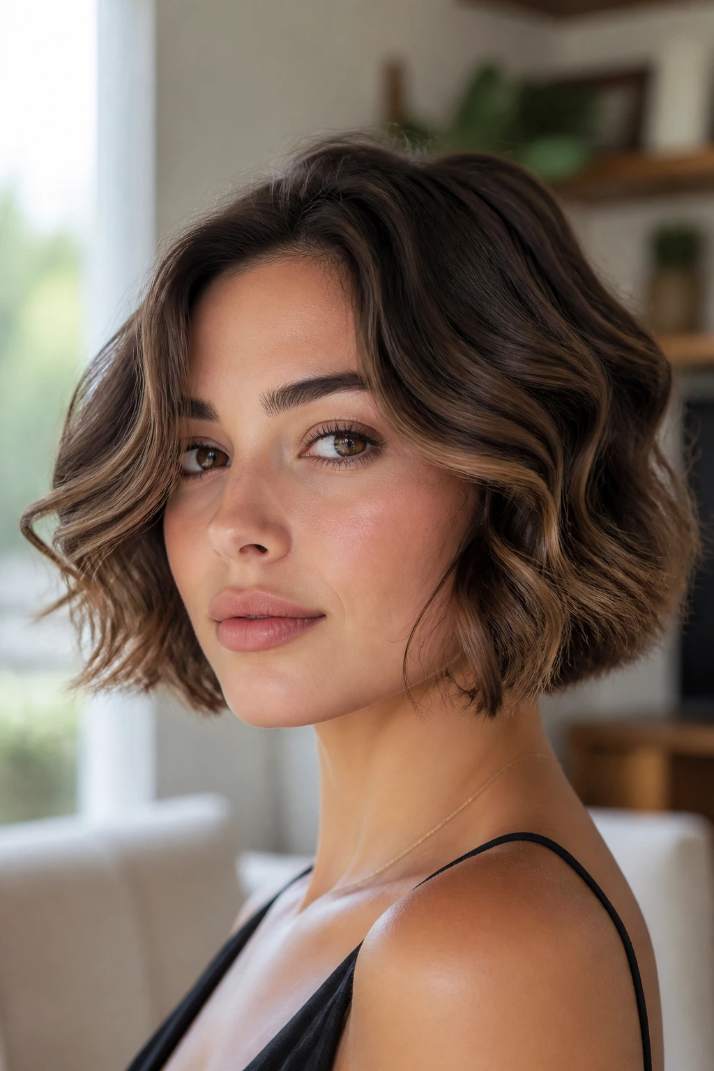 Close-up of chin-length bob with soft barrel waves in daylight