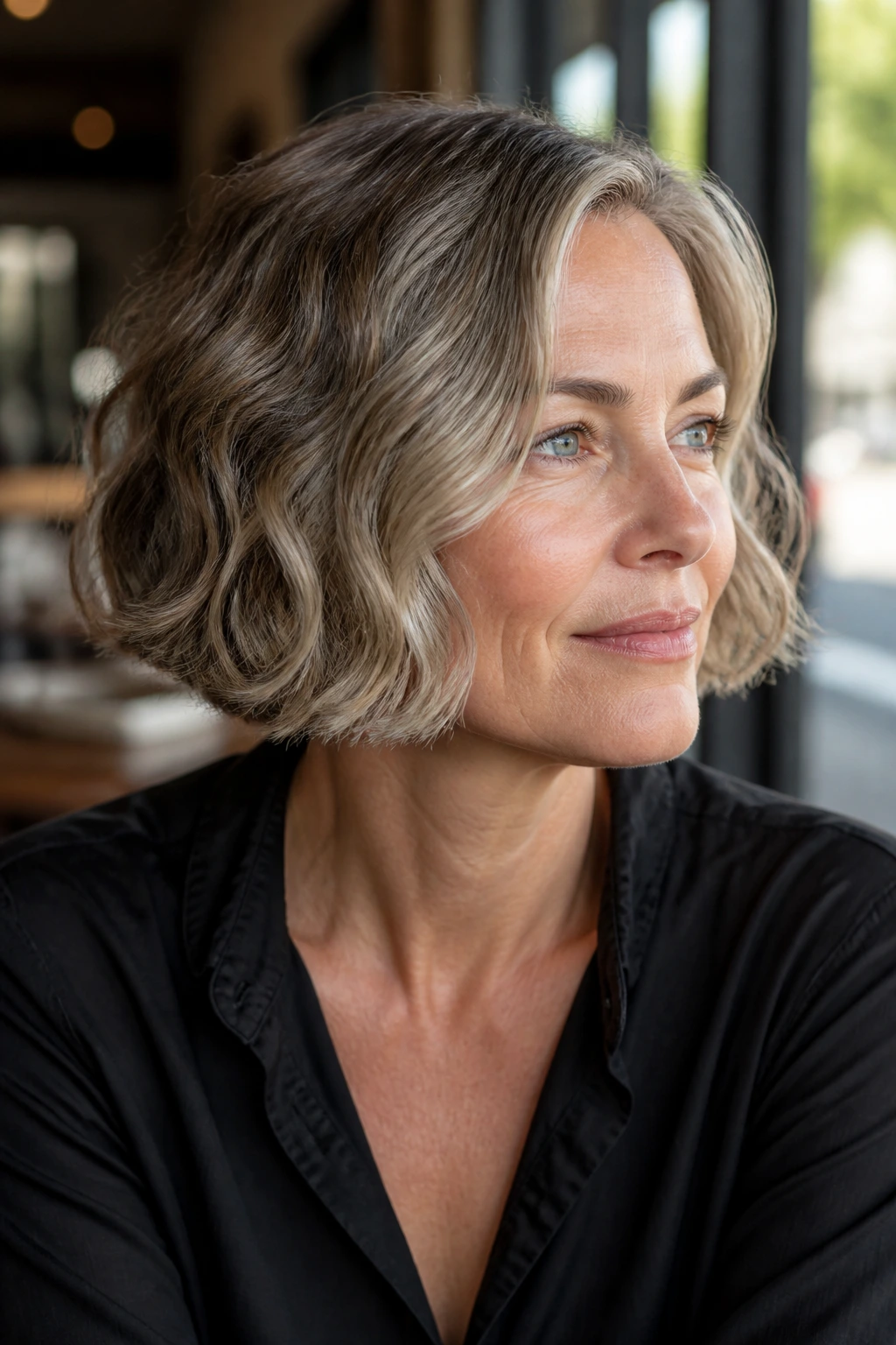 Portrait of a real woman with a chin-length wavy bob