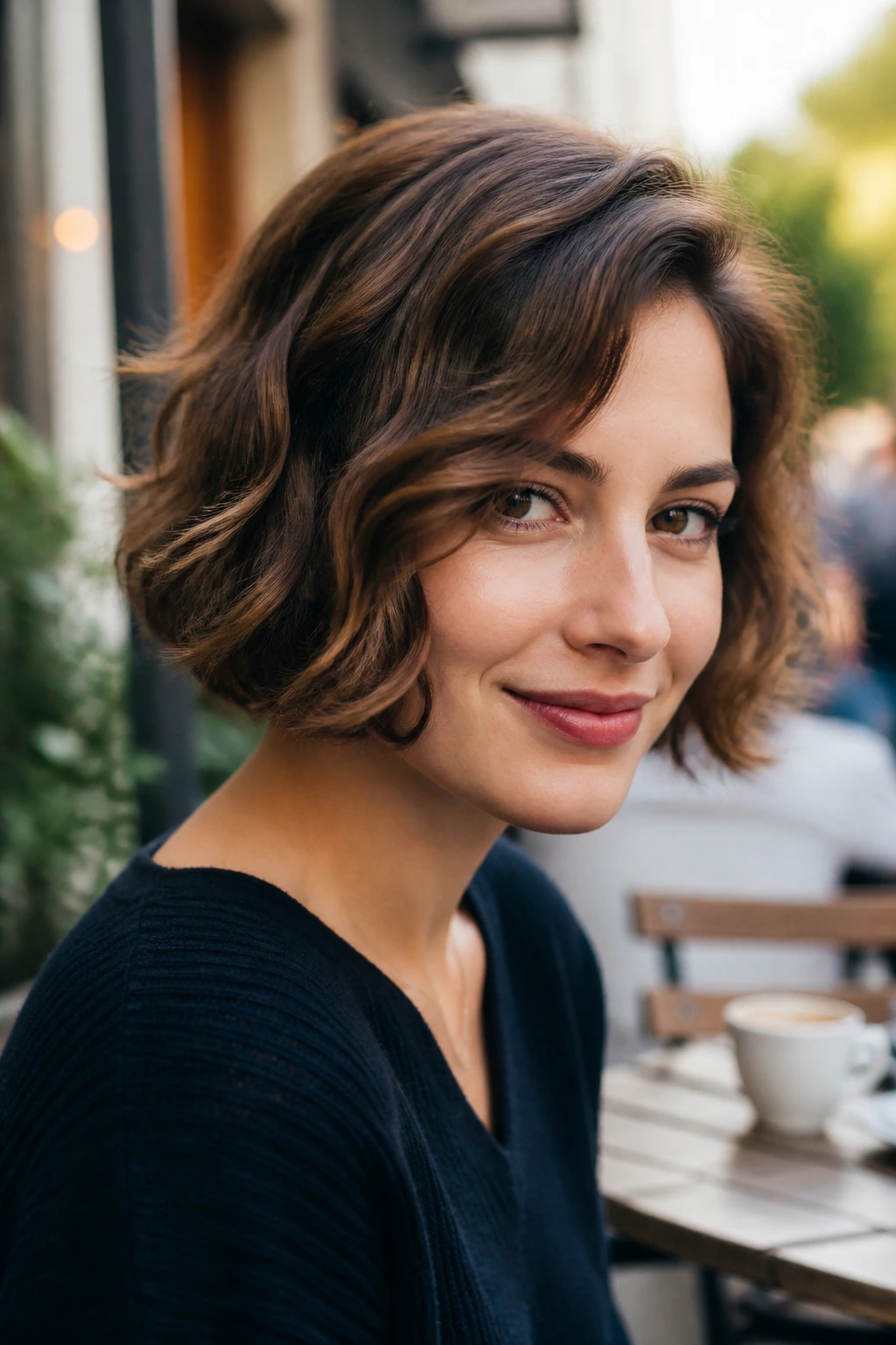 Close-up portrait of a real person with a chin-length bob and waves