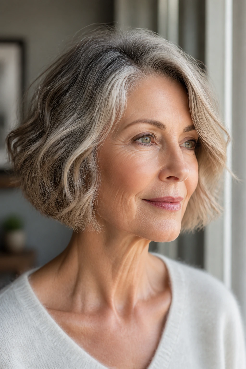 Close-up of a woman with a chin-length wavy bob and a side part in natural light