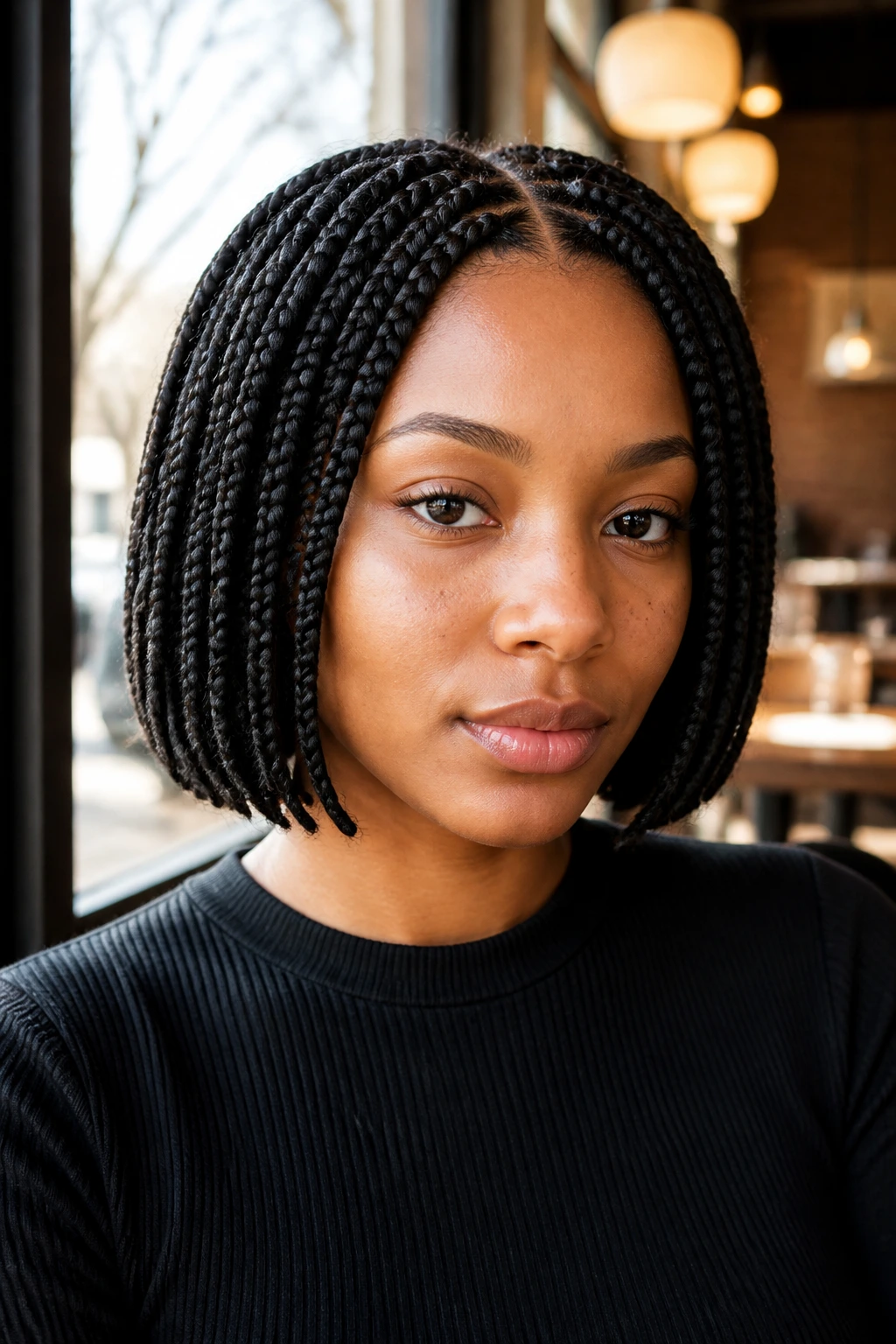 Close-up of a real woman with a chin-length box braid bob showing neat density and defined jawline