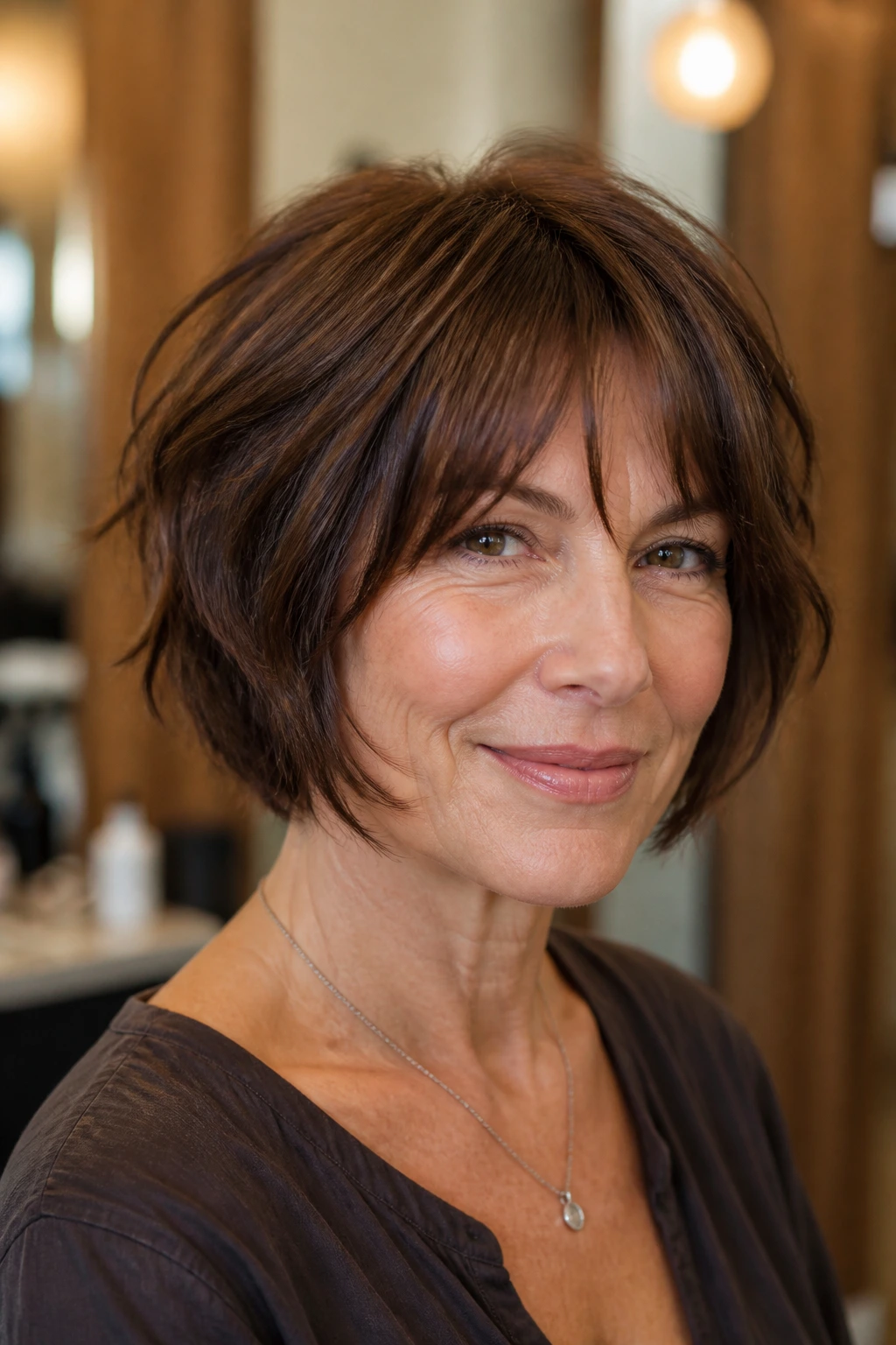 Portrait of a real woman with chin-length chocolate shag bob highlighting jawline and texture