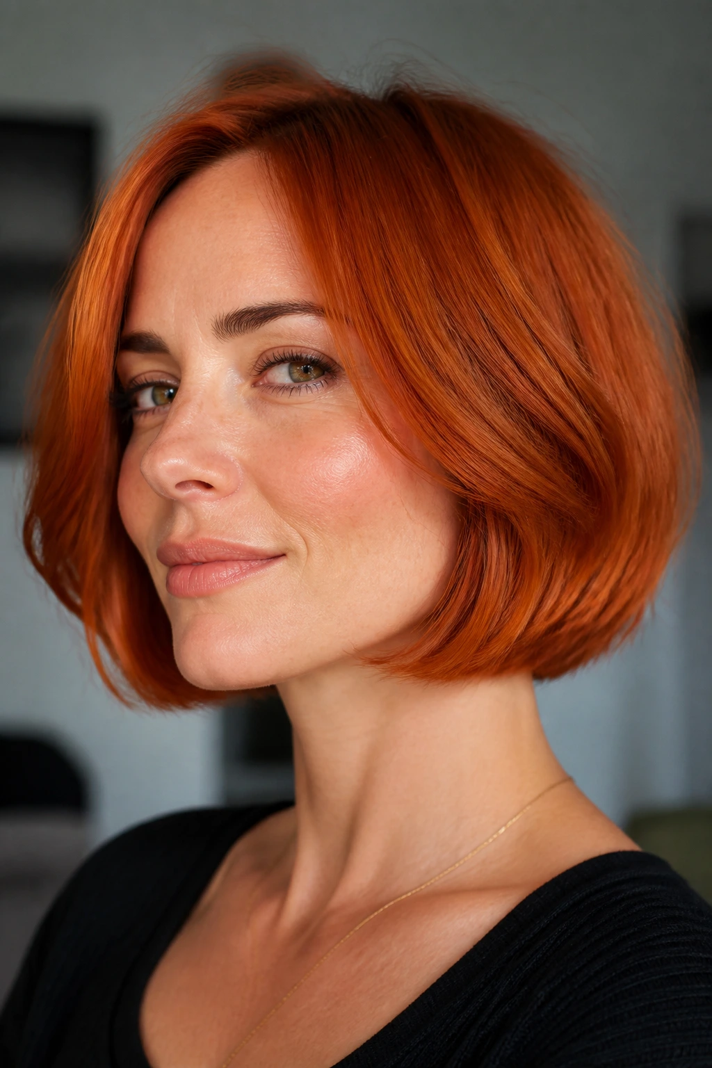 Close-up of a real woman with a bright copper chin-length bob in soft daylight