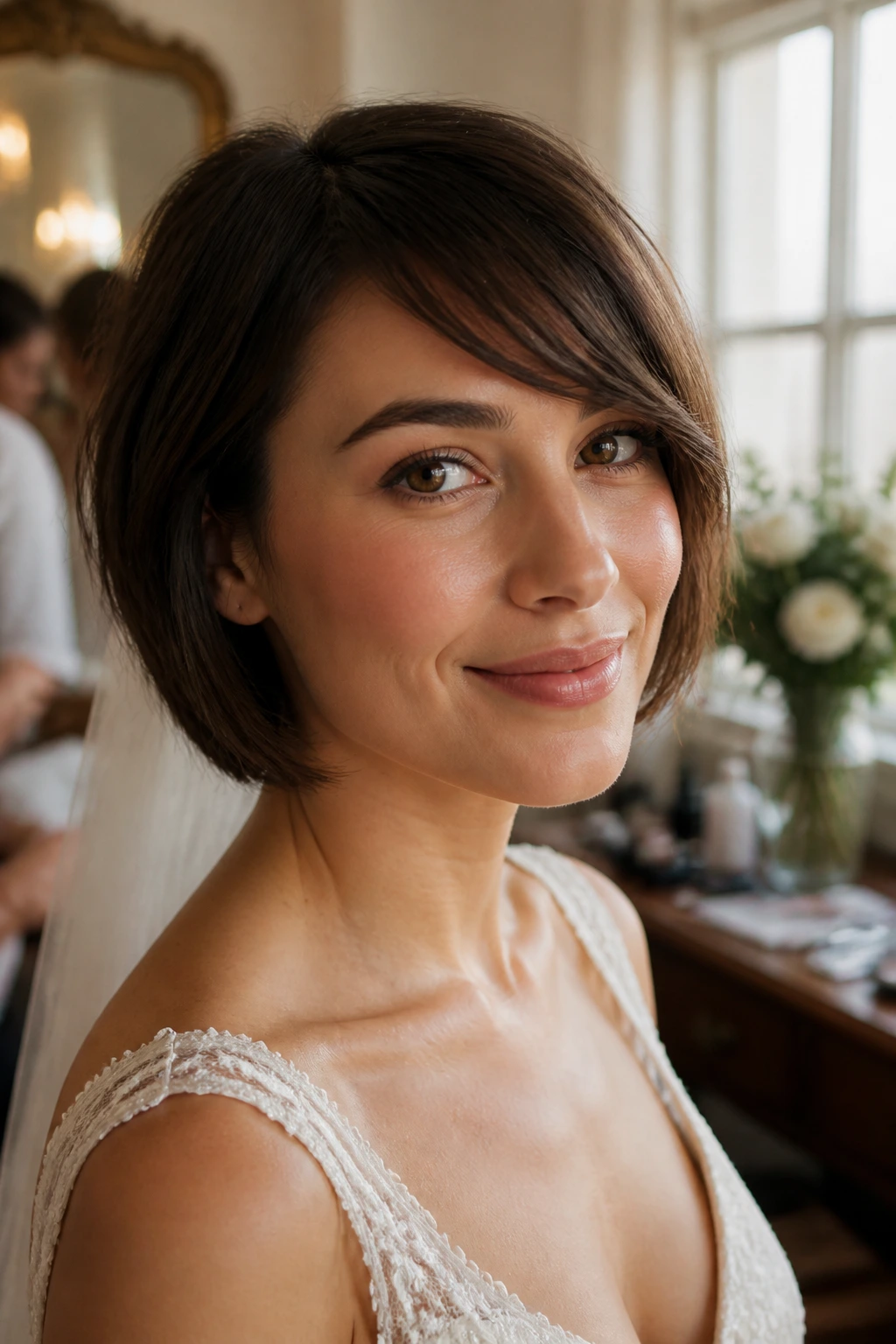 Bride with chin-length crop and side-swept fringe, jawline visible in soft window light.