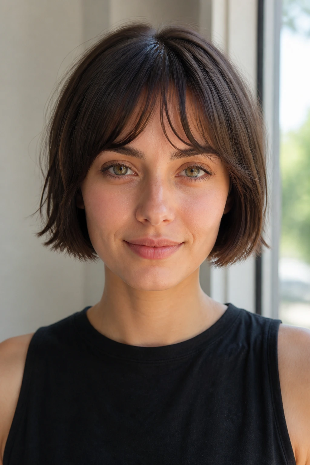 Close-up portrait of a real person with crescent bangs and chin-length crop