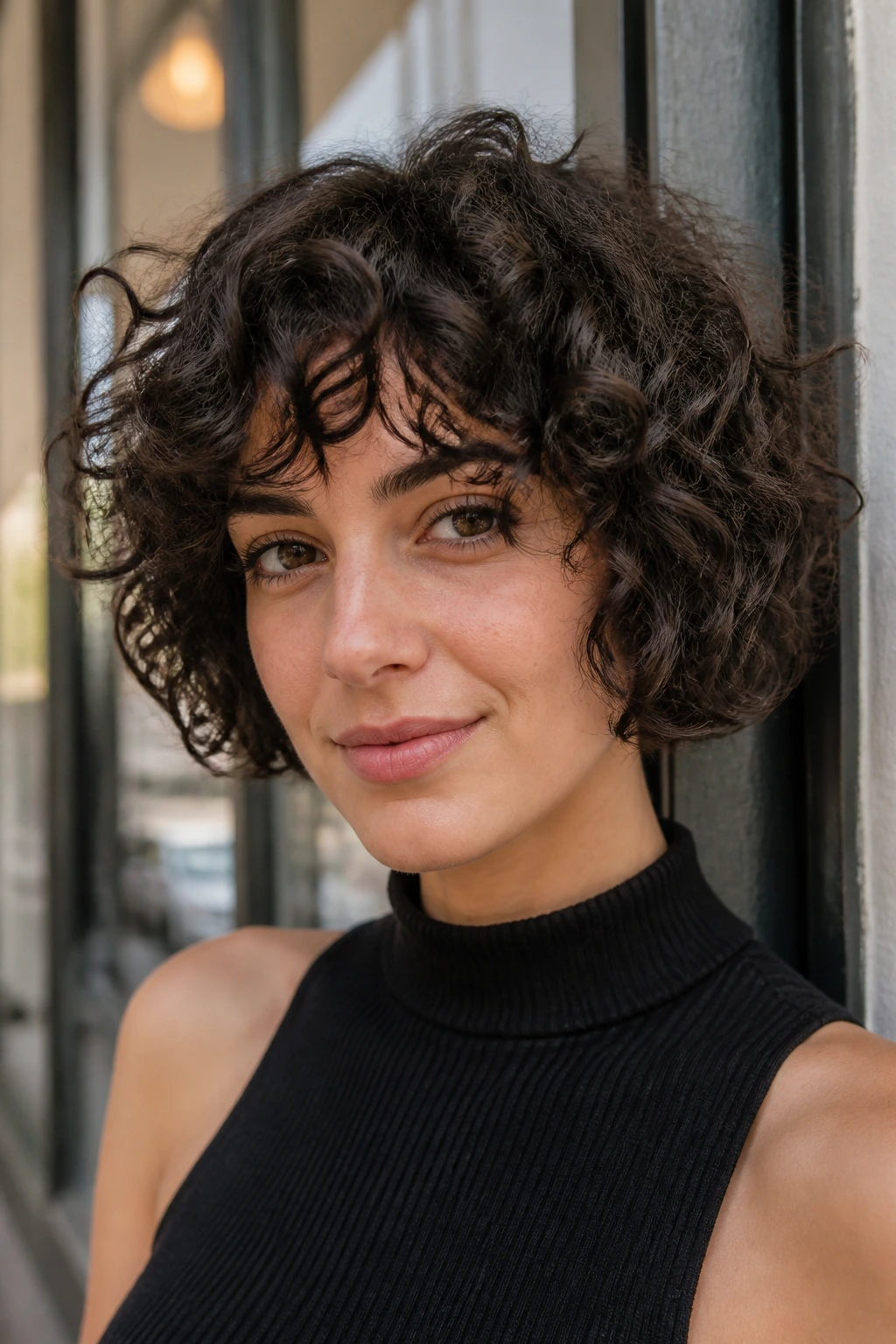 Real woman with a chin-length crop highlighting curl pattern