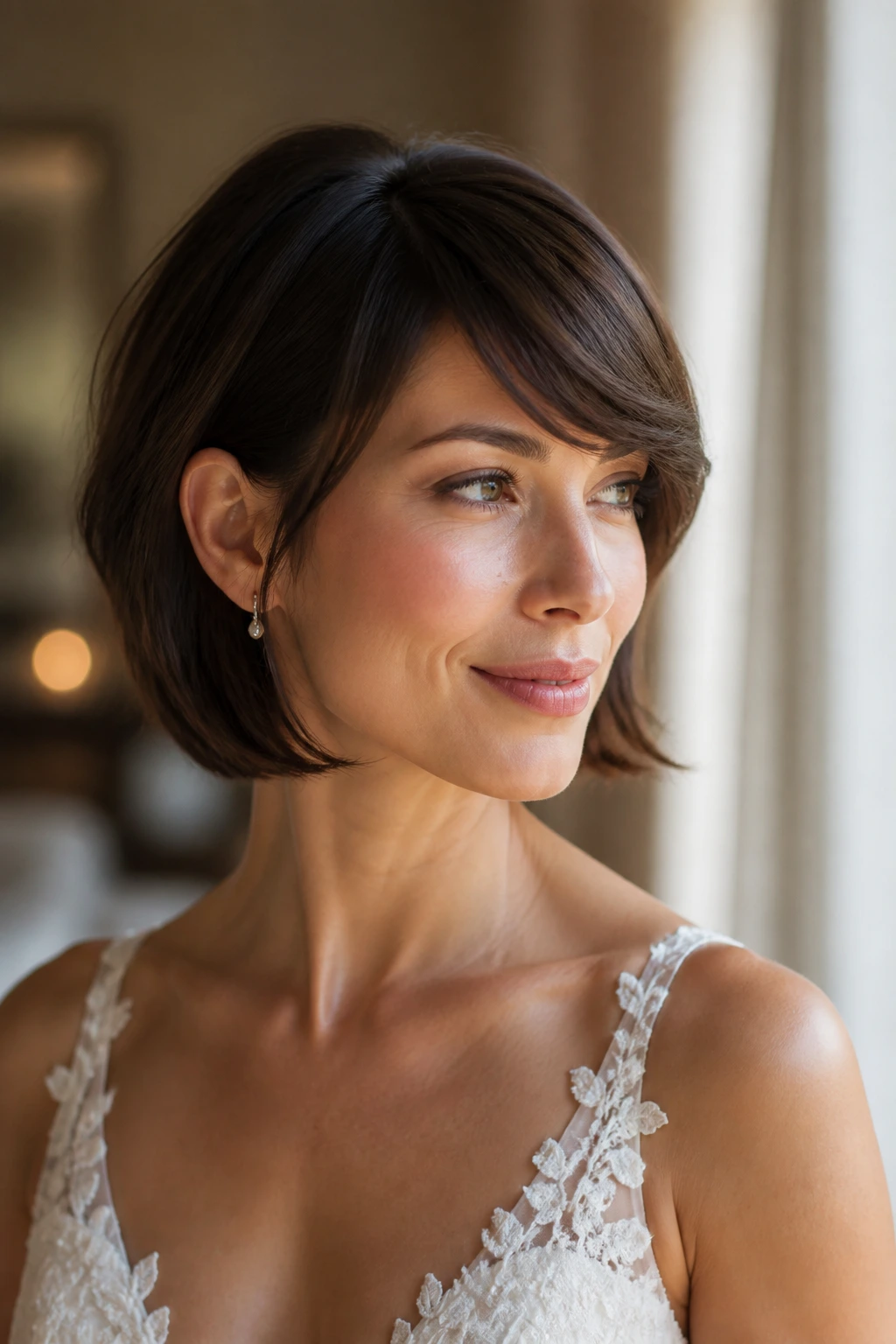 Bride with chin-length crop and side-swept fringe.