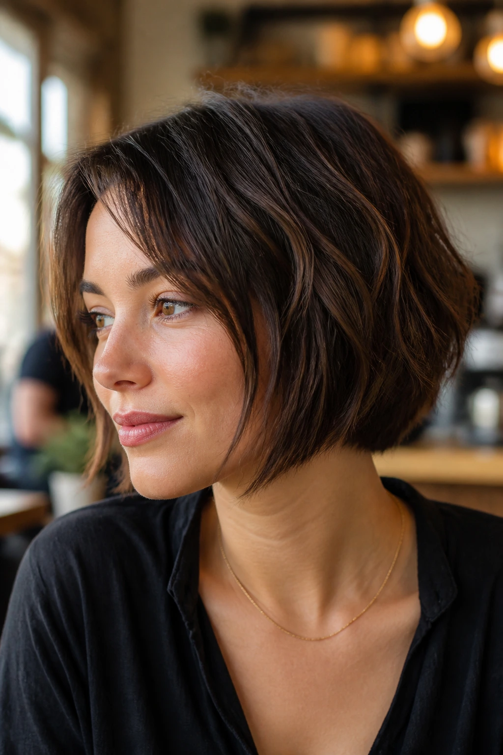 Real person with chin-length crop showing interior choppy layers in warm light