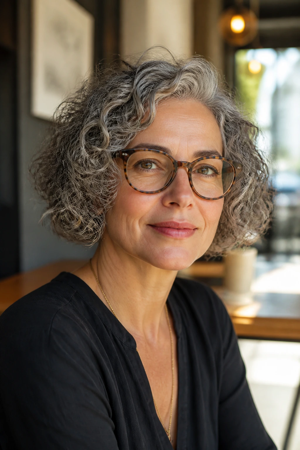 Portrait of a real woman with chin-length curly bob and soft edge.