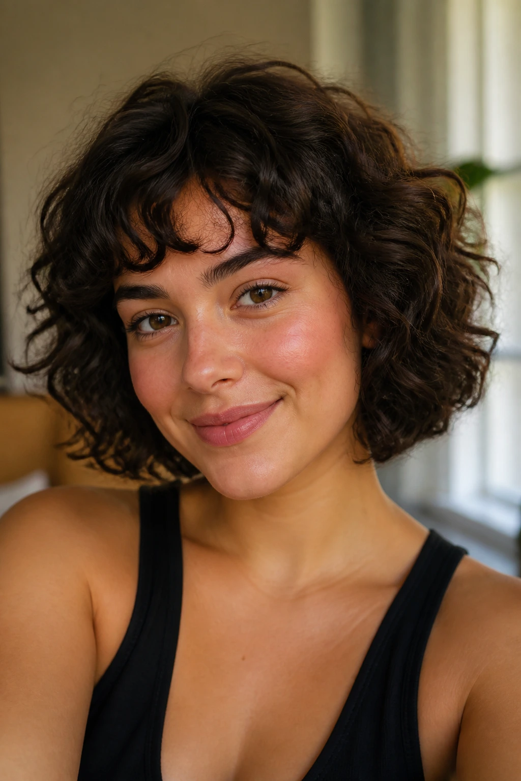 Close-up of chin-length curls on a round-faced woman.