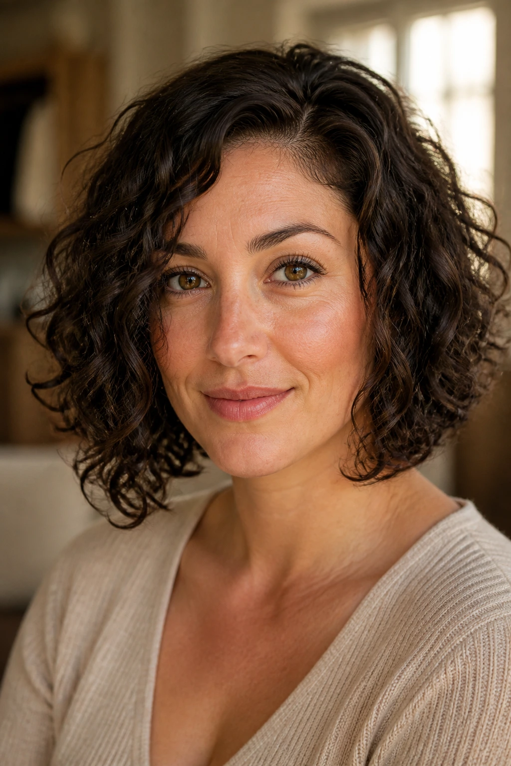 Close-up of a real woman with a chin-length curly haircut showing directional curls and a side part