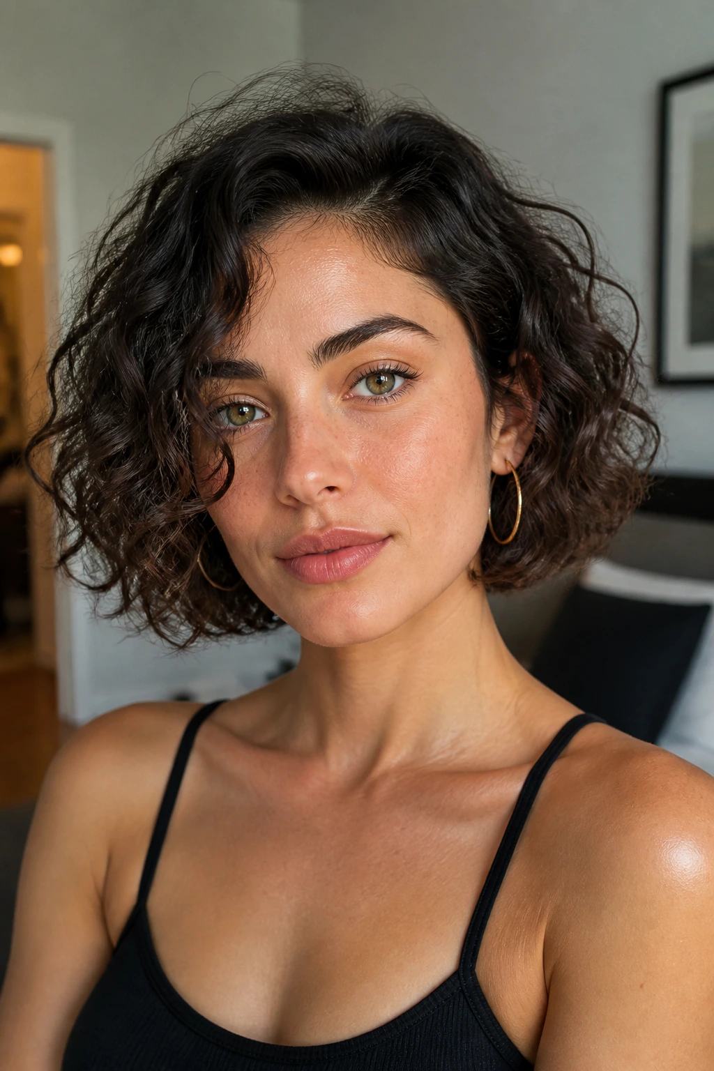 Portrait of a woman with a chin-length curly bob