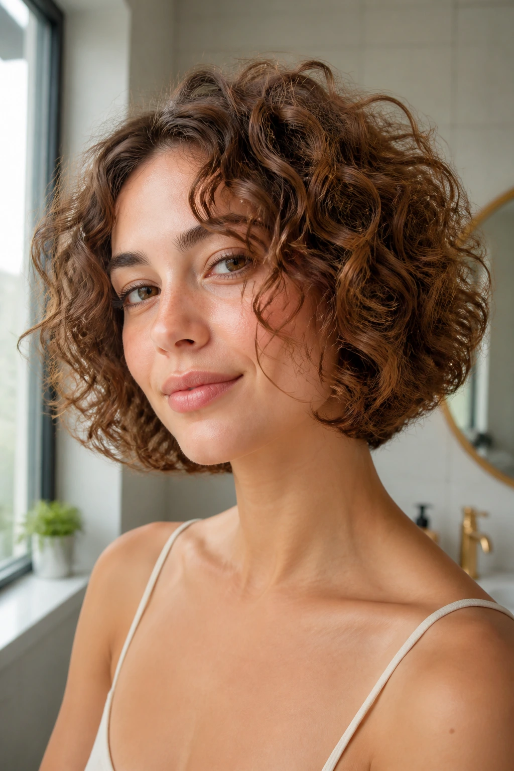 Close-up of a real person with a chin-length curly bob showing a soft rounded line at the jaw.