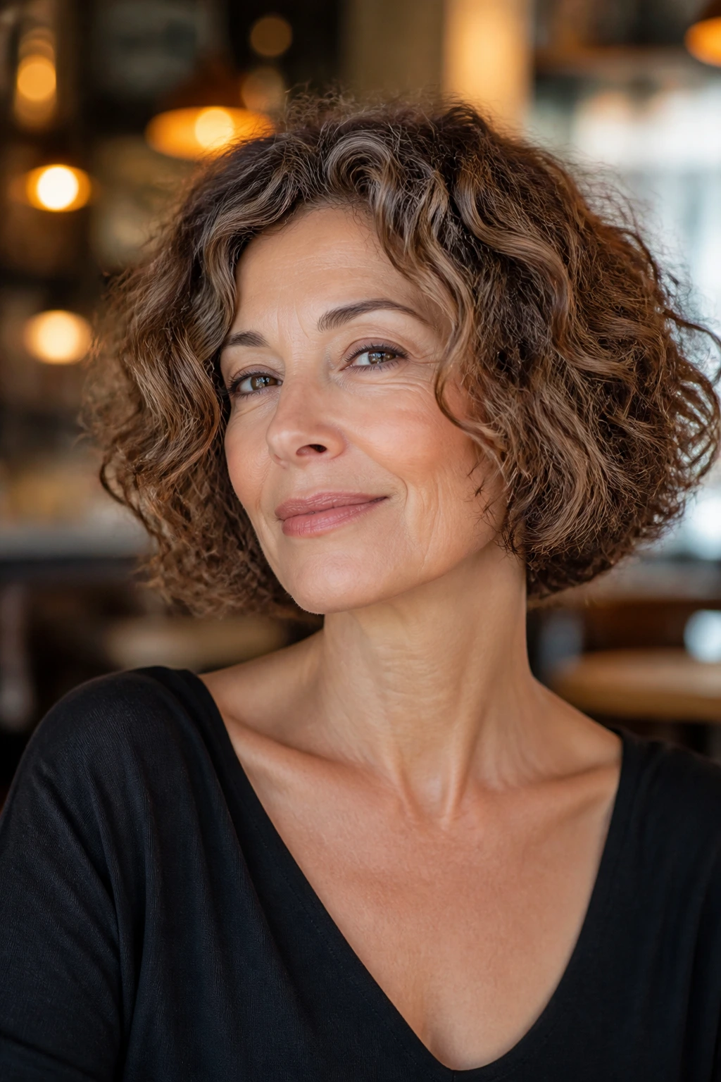 Chin-length curly bob with neck space and soft movement