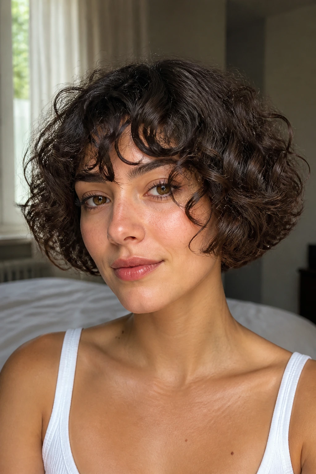 Close-up of a real woman with chin-length curly bob shaped round