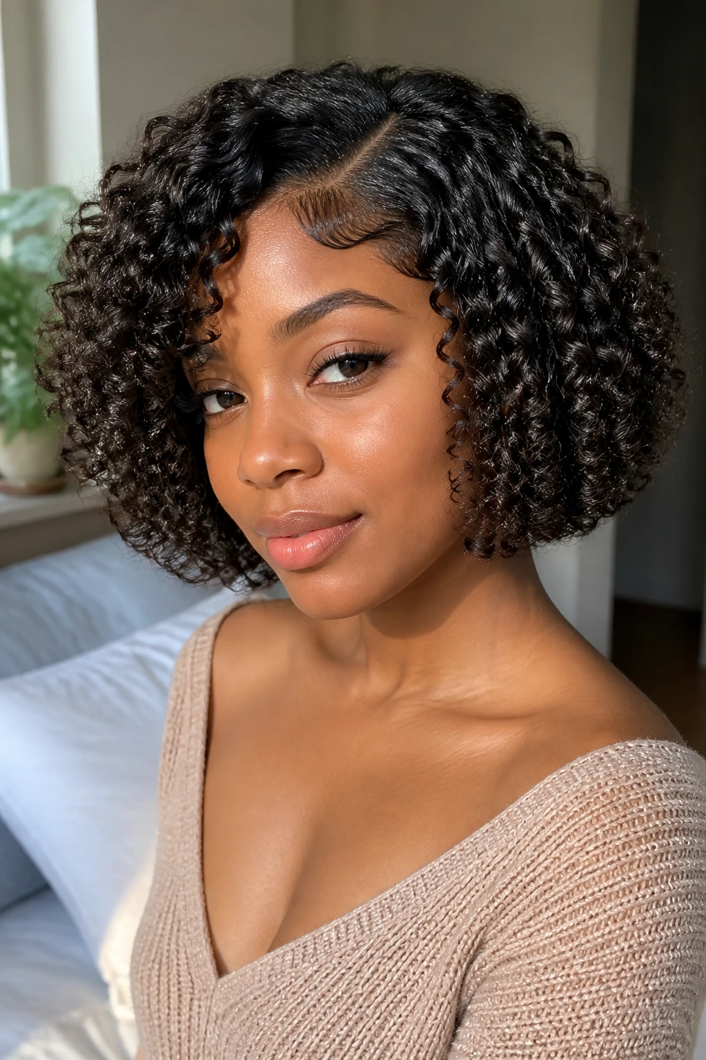 Close-up portrait of a real woman with chin-length curly bob crochet hairstyle, side-parted and face-framing.