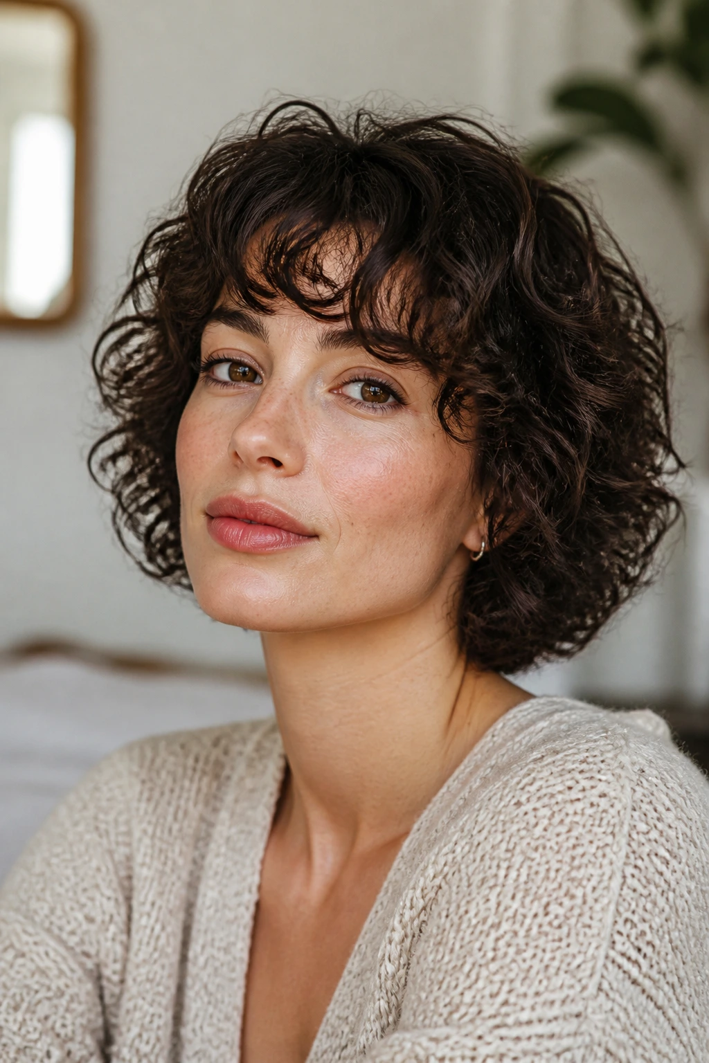 Portrait of a person with a chin-length curly bob and feathered bangs