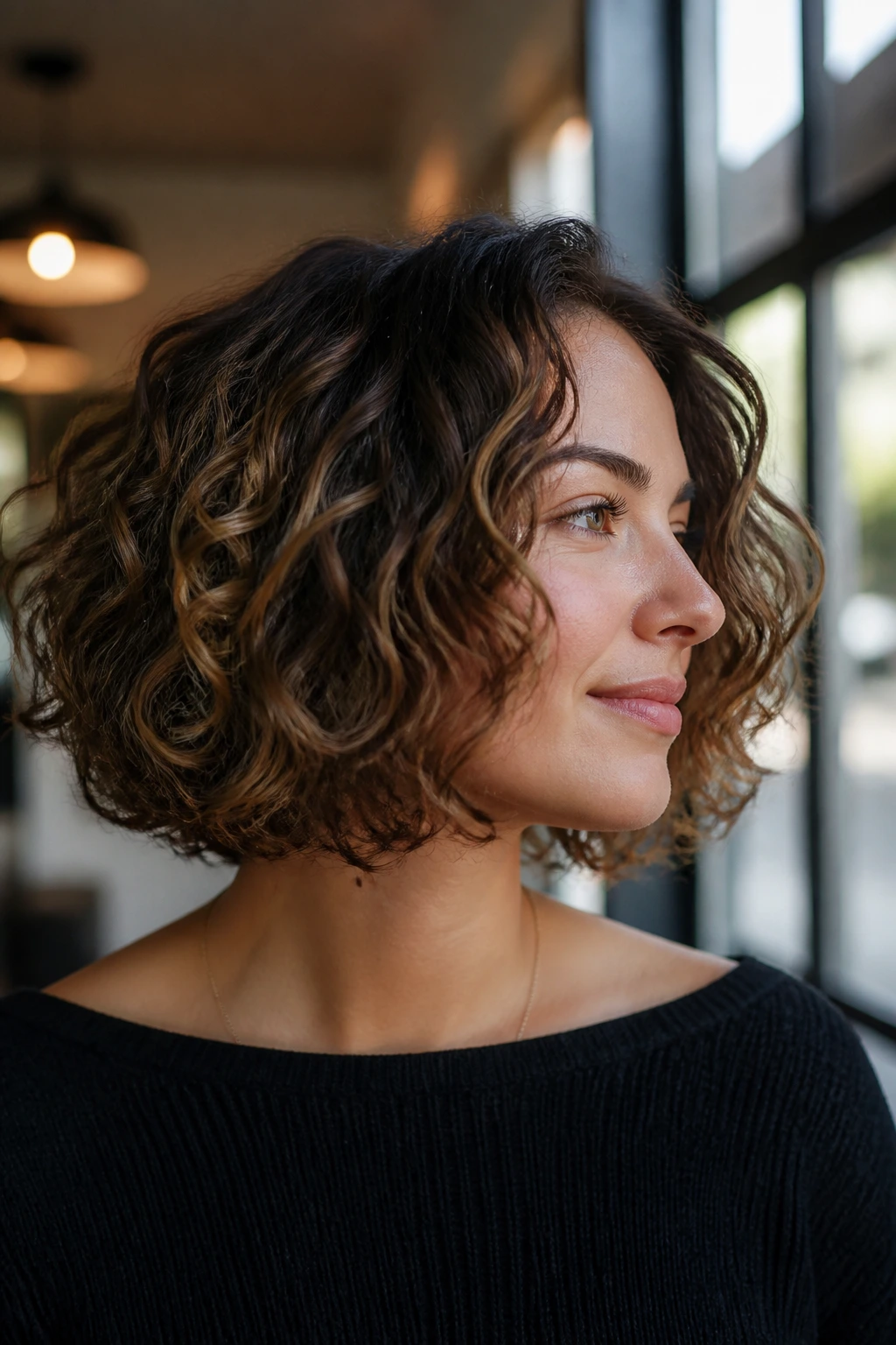 Chin-length curly bob with hidden interior layers and subtle highlights